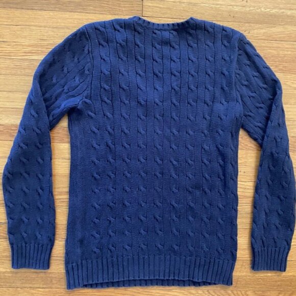 Vtg Ralph Lauren Sweater Womens Medium Navy Cable Knit V Neck Red Pony Pullover - Picture 9 of 10
